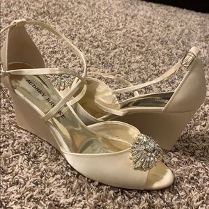 Jeweled Ivory Satin Wedges with Criss Cross Straps
